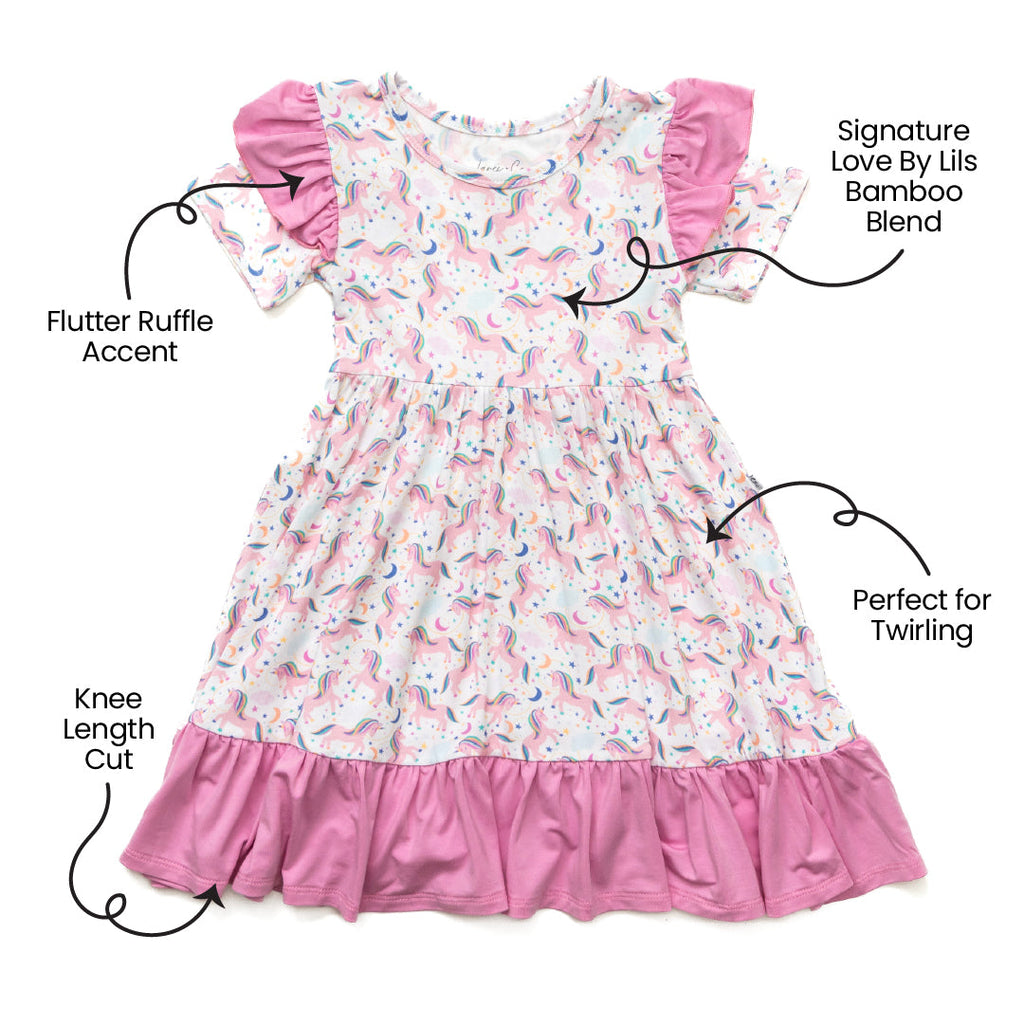 Lavender Unicorns Bamboo Ruffle Spin Dress