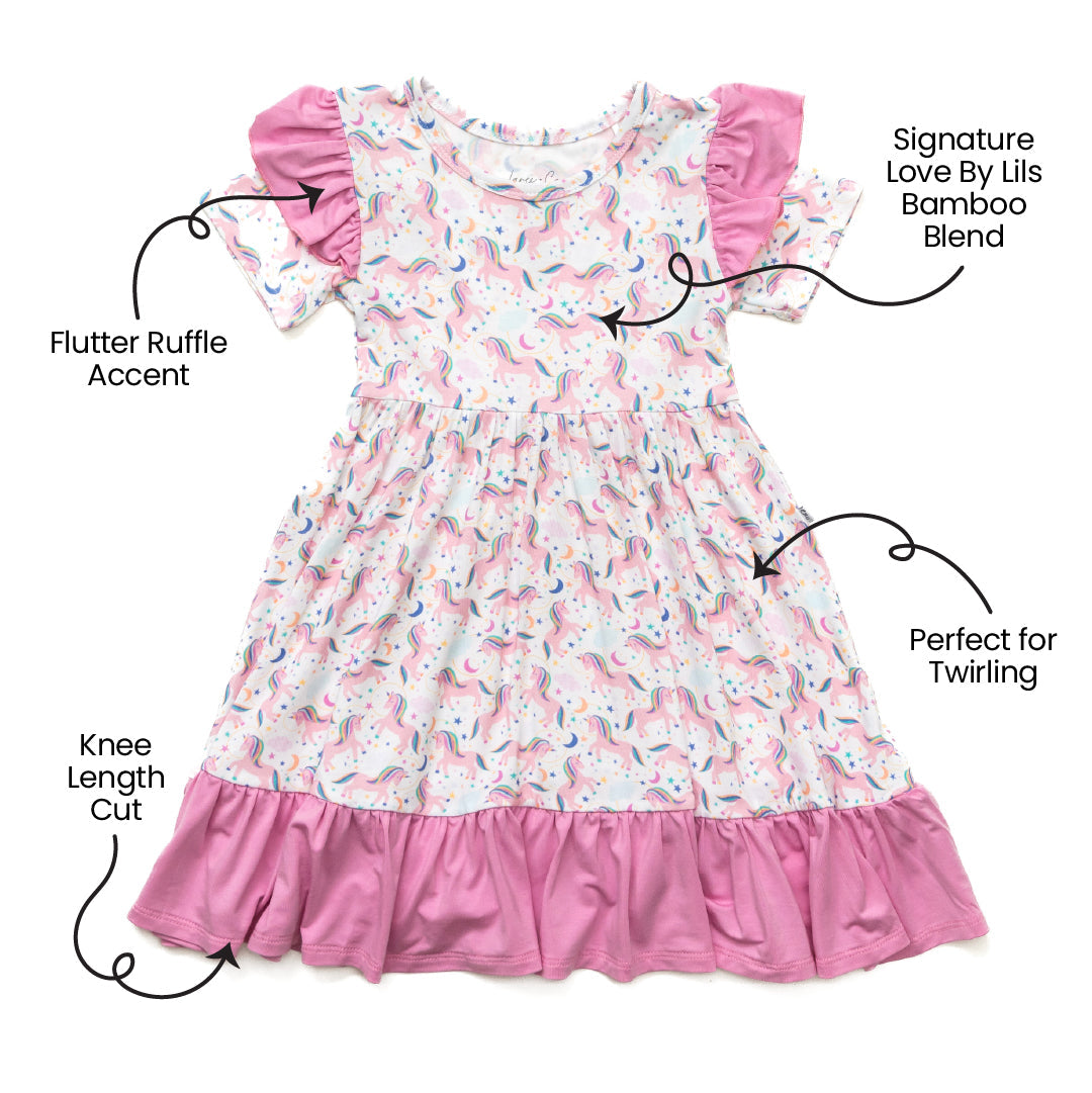 Lavender Unicorns Bamboo Ruffle Spin Dress