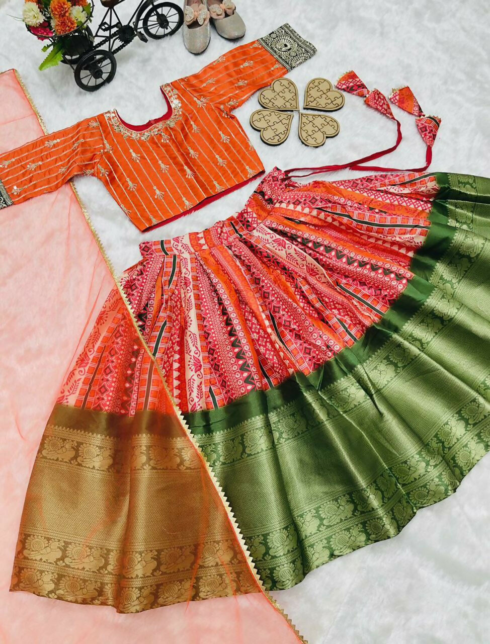 Orange Pure Kota Silk Print Zari Woven Kids Lehenga Set