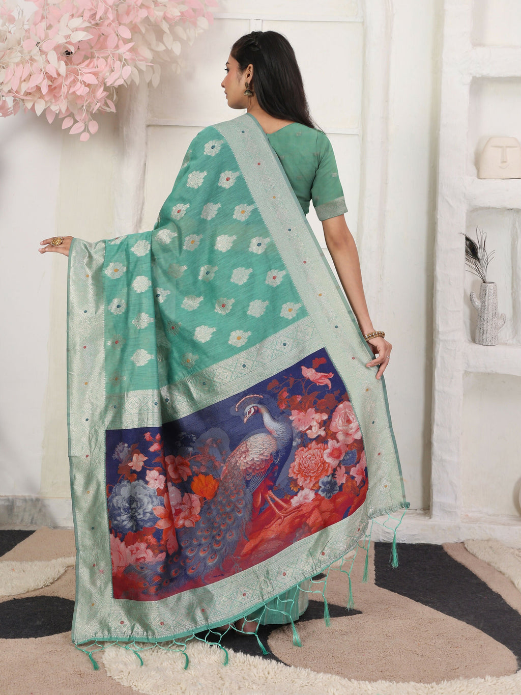 Rama Green Linen Cotton Saree with Matching Blouse