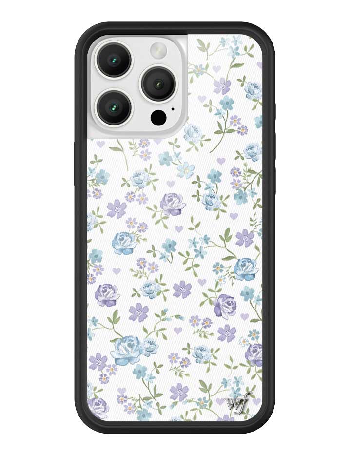 iPhone case featuring a white background with a small lilac and blue floral pattern and a black protective bumper.