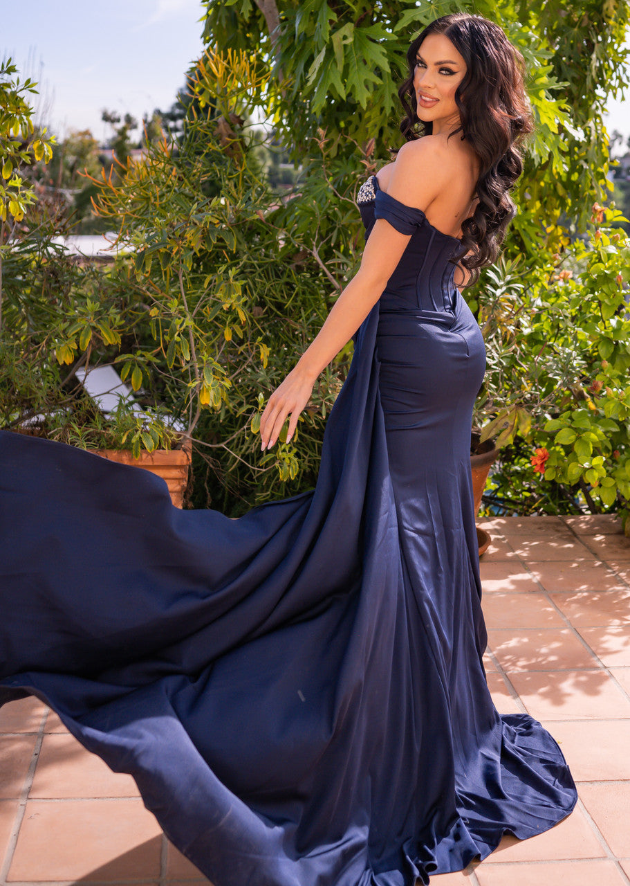 Katrina Gown - Navy - Corset Dress With Crystal Detail