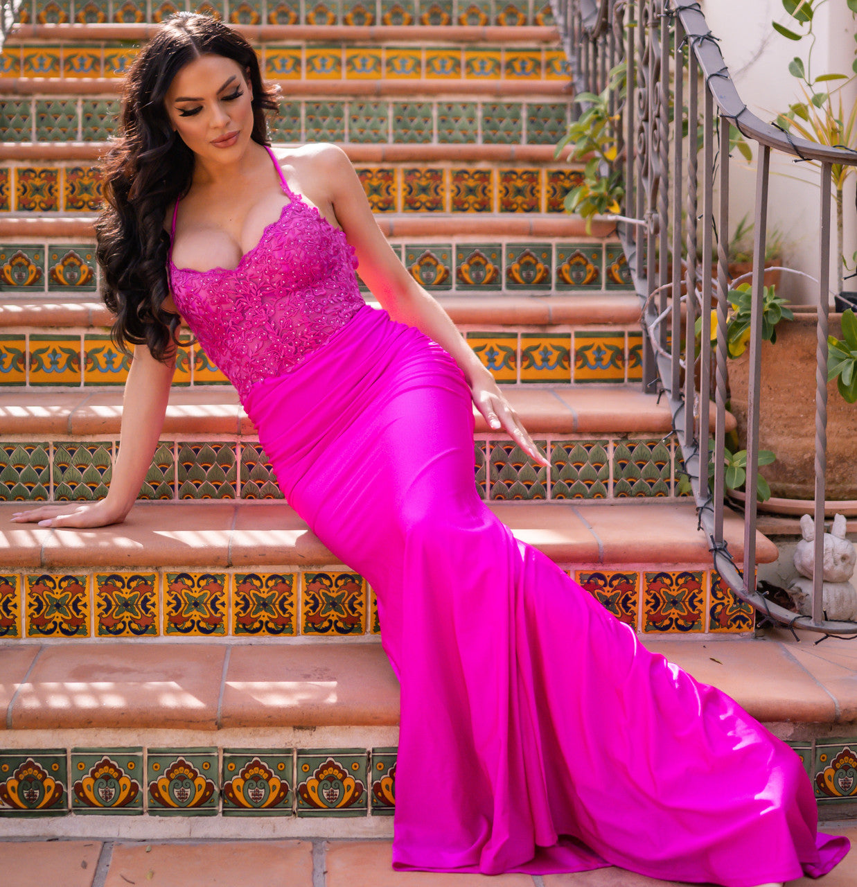 Rylie Gown - Fuchsia - Stretch Fitted Dress With Lace Bodice