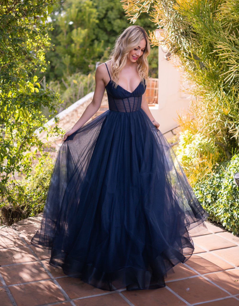 Yasmin Navy Tulle A-Line Corset Prom Gown with Leg Slit - Image 3