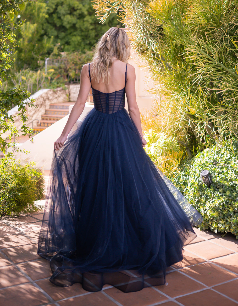Yasmin Navy Tulle A-Line Corset Prom Gown with Leg Slit - Image 5
