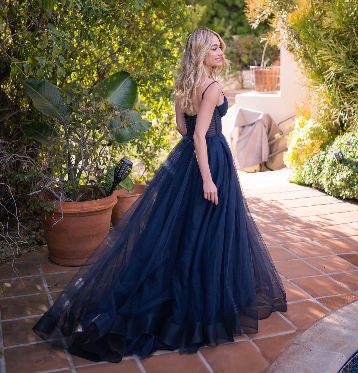 Yasmin Navy Tulle A-Line Corset Prom Gown with Leg Slit - Image 9