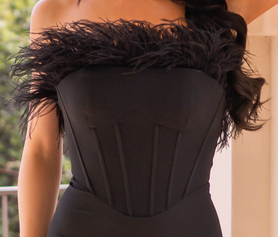 Sloane Corset Gown - Black Feather Trim Dress