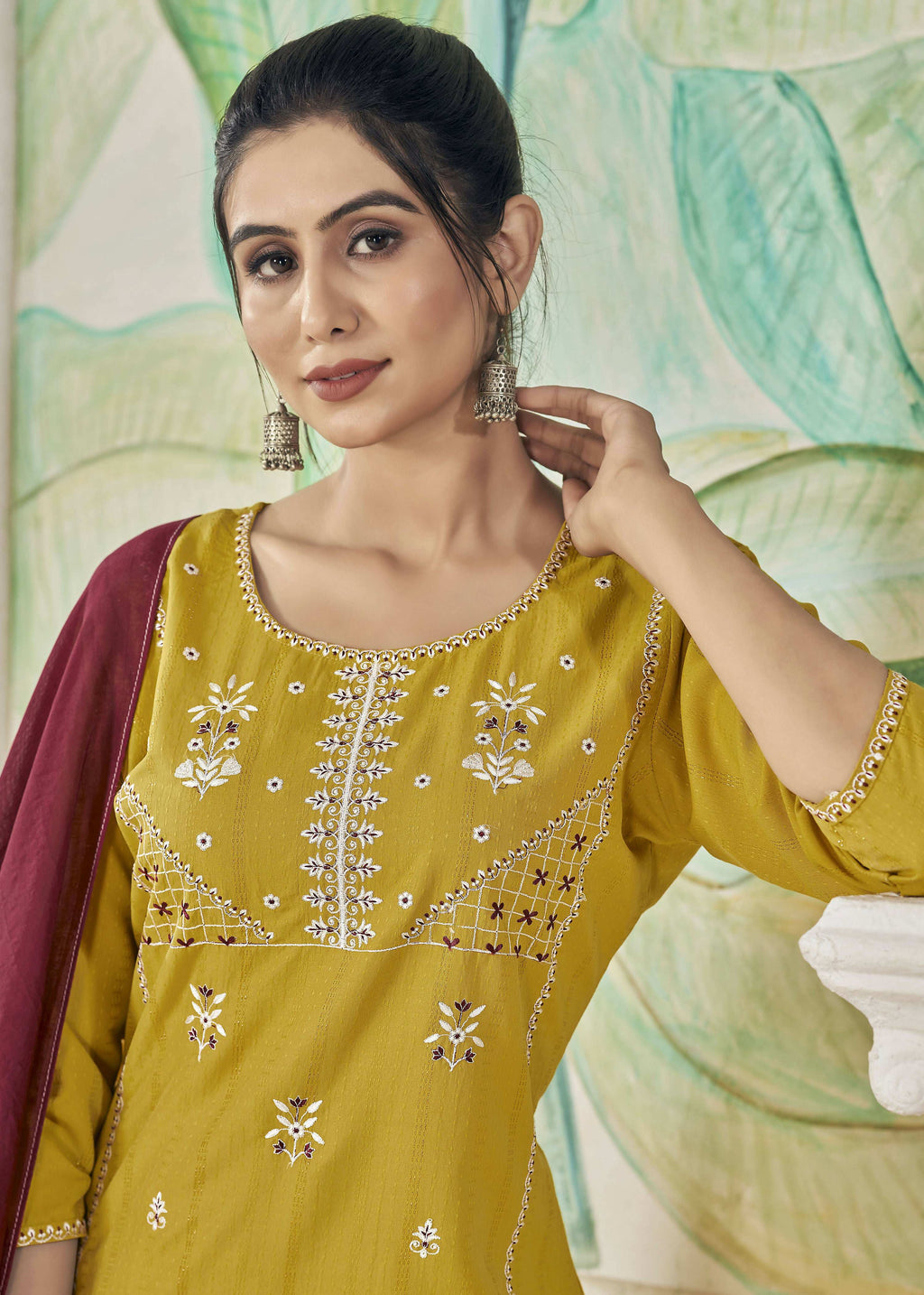 Mustard Viscose Straight Kurta Set with Weaving Stripes