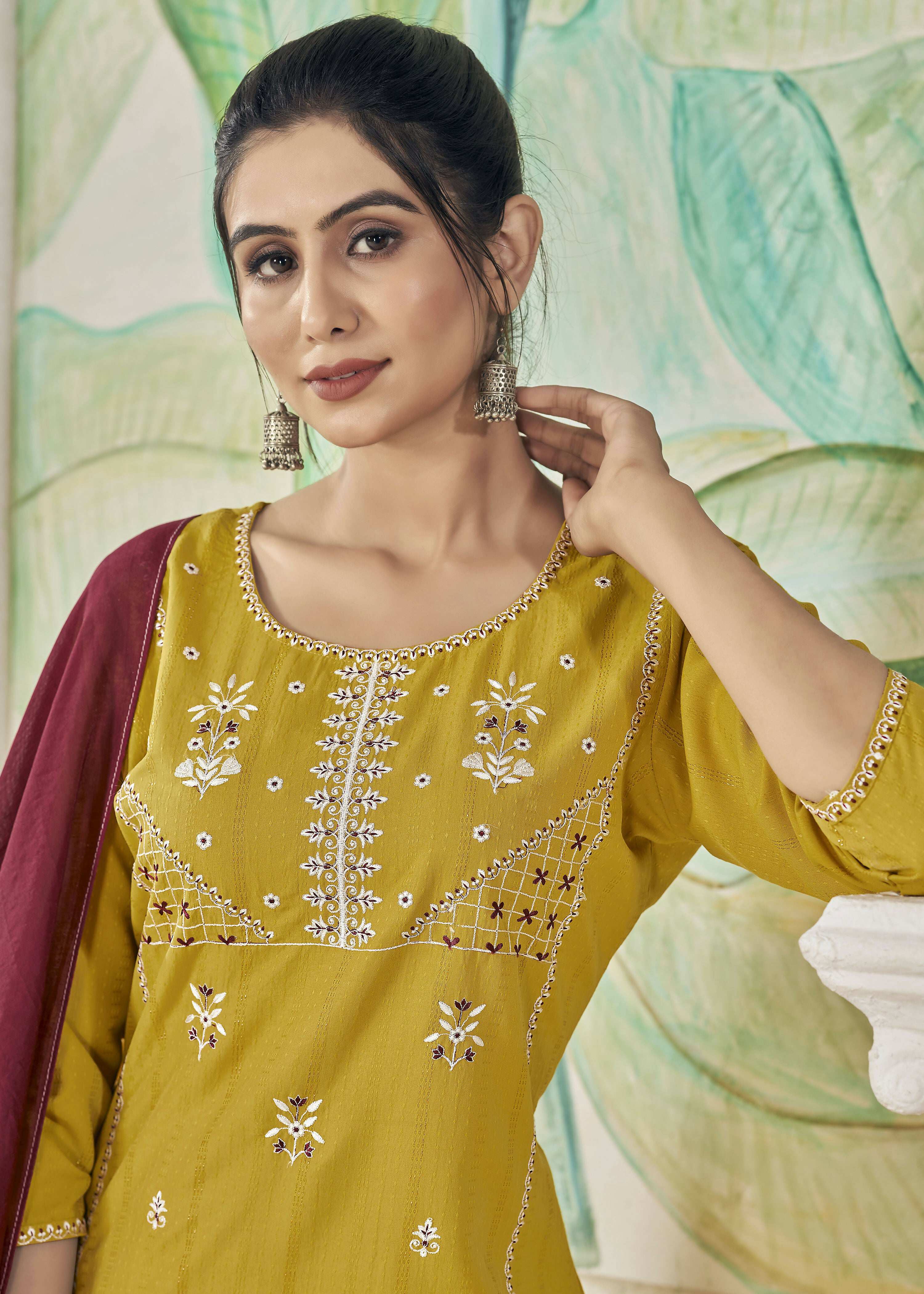 Mustard Viscose Straight Kurta Set with Weaving Stripes