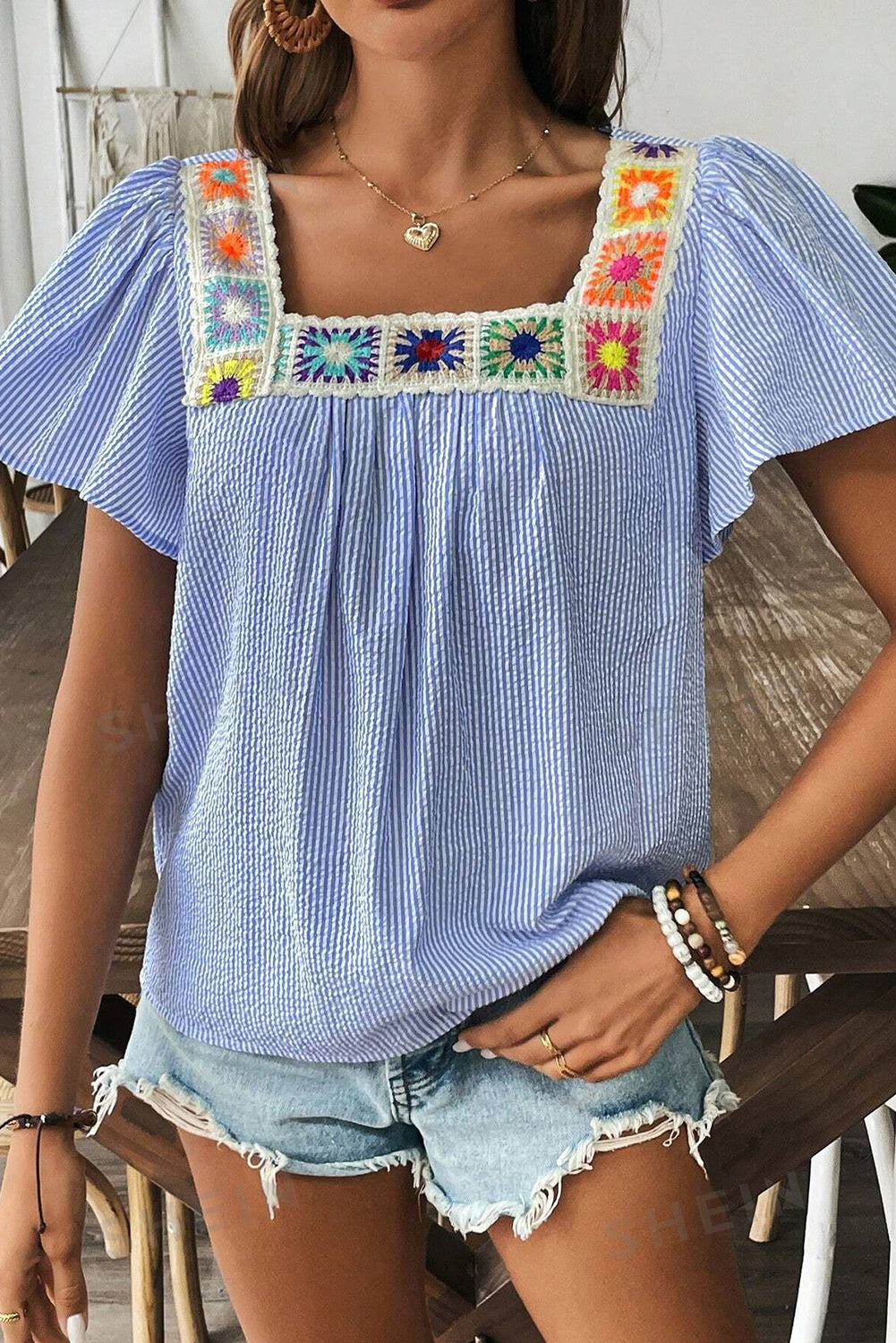 Marisol Stripe Textured Ruffle Square Neck Blouse