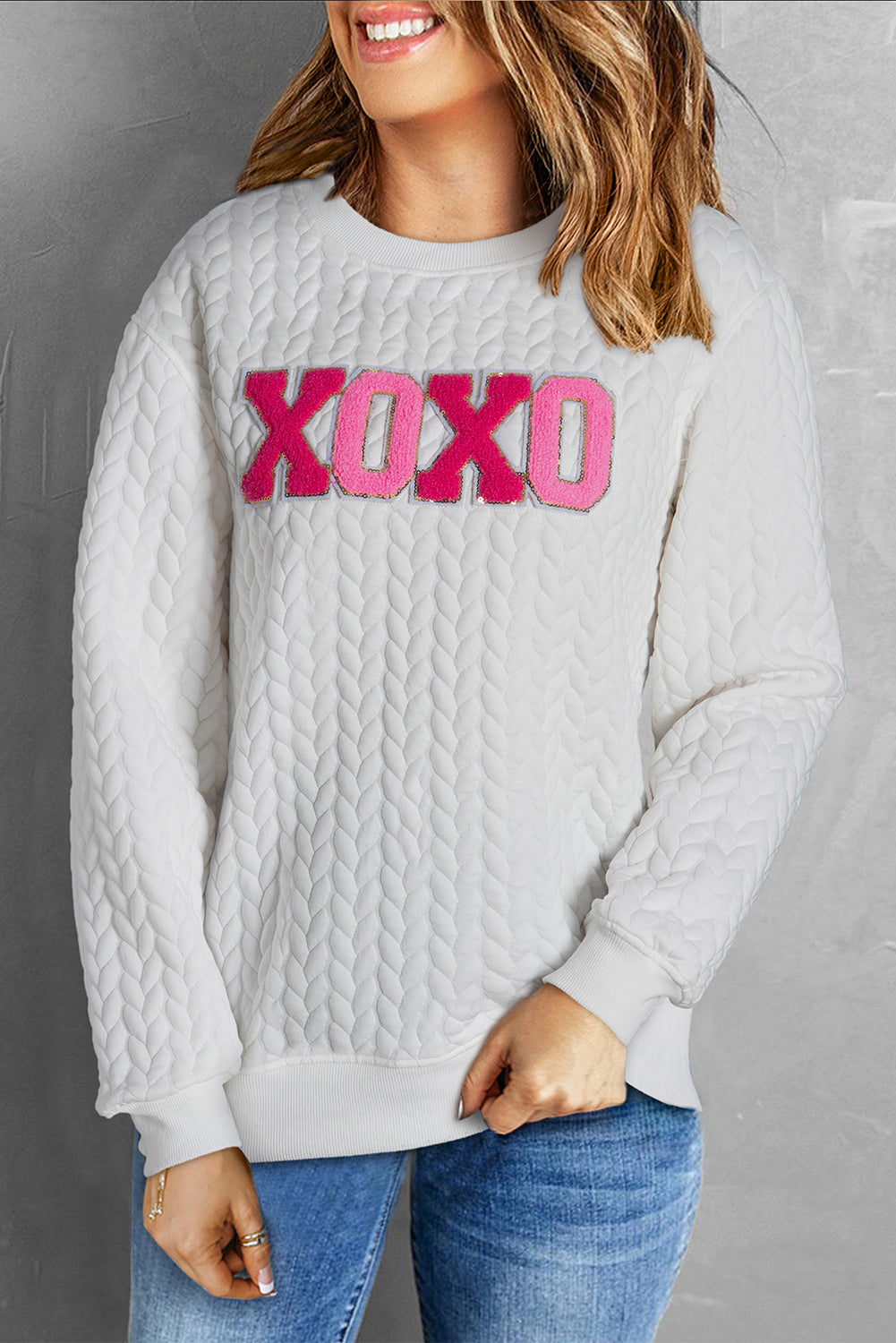 White XOXO Glitter Graphic Cable Knit Pullover Sweatshirt