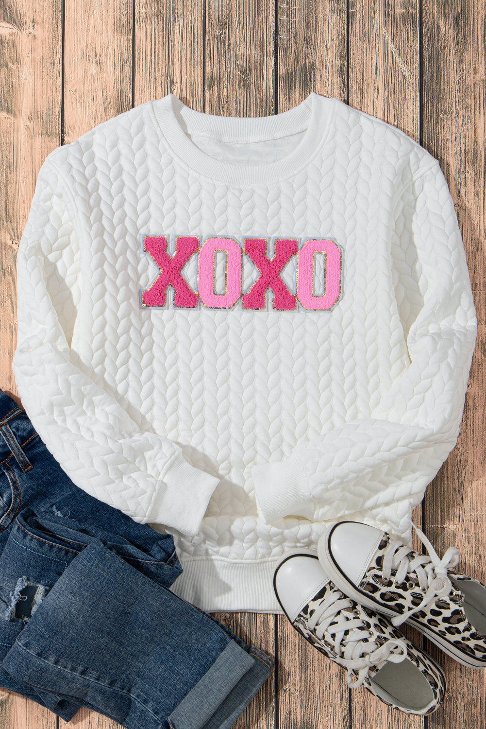 White XOXO Glitter Graphic Cable Knit Pullover Sweatshirt