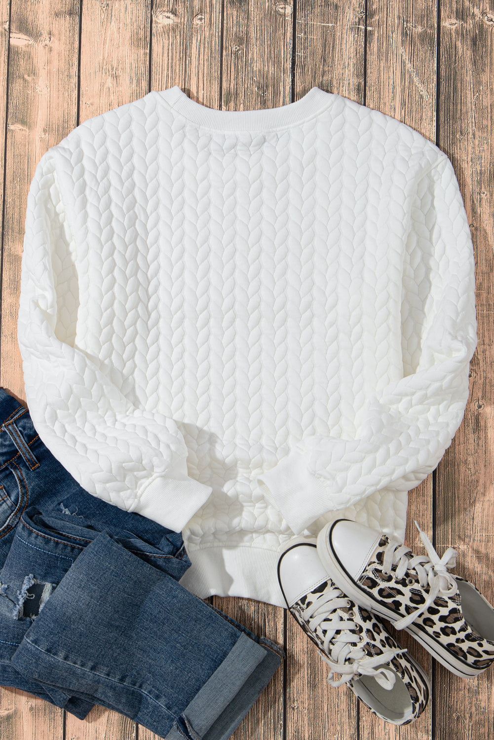 White XOXO Glitter Graphic Cable Knit Pullover Sweatshirt