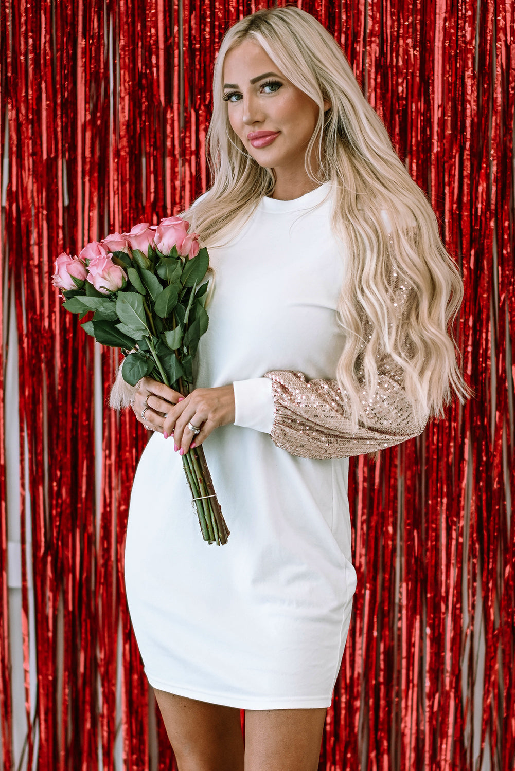 White Shift Mini Dress with Champagne Sequin Puff Sleeves