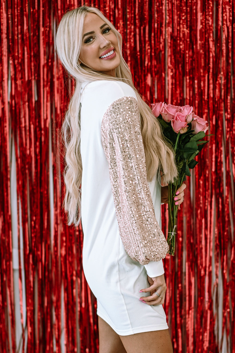 White Shift Mini Dress with Champagne Sequin Puff Sleeves