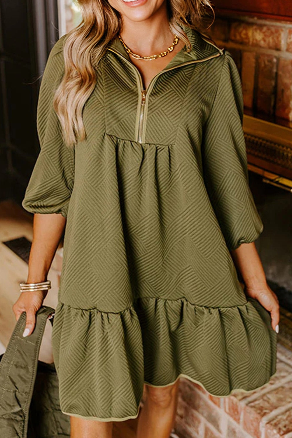 Zip Collar Textured Mini Dress with Long Sleeves