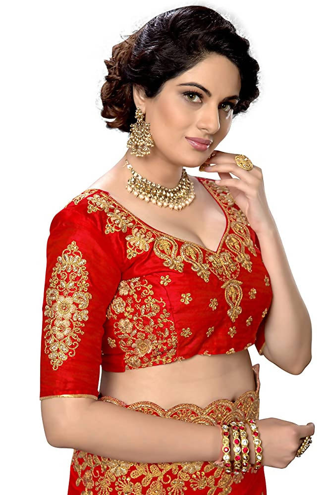 Red Silk Satin Saree with Heavy Embroidery and Blouse