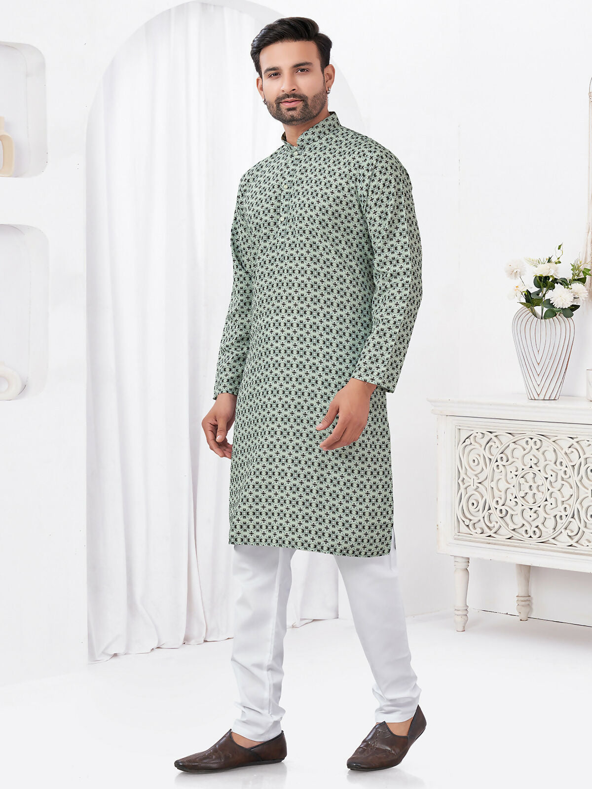 Boys Grey Rayon Cotton Printed Kurta Pyjama Ethnic Set