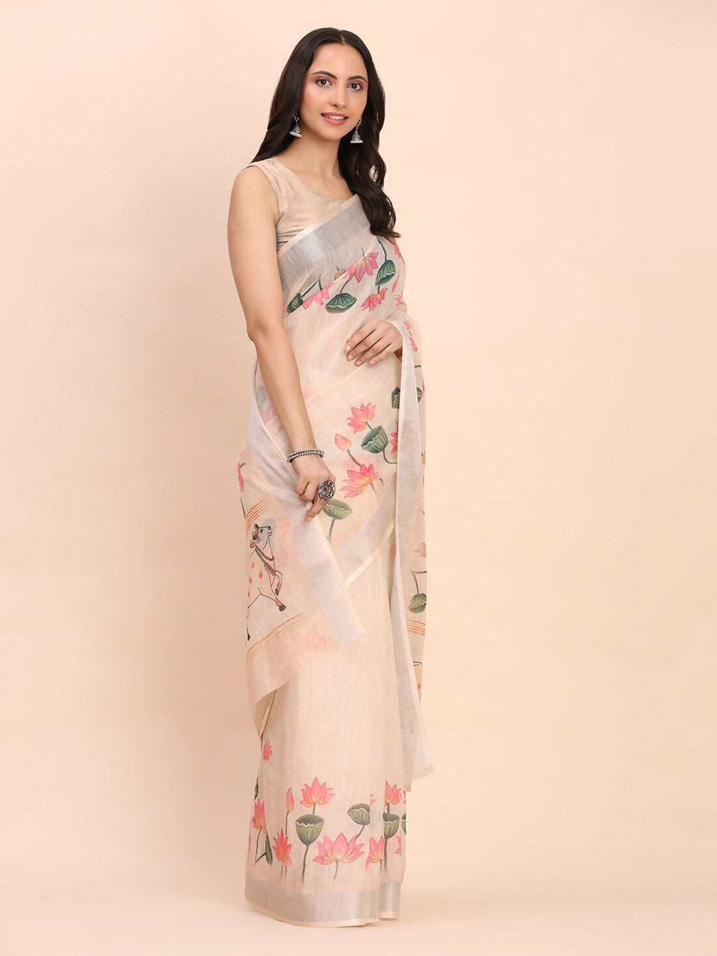 Soft peach linen cotton saree with matching blouse piece