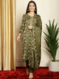 Women's green pashmina kurta set featuring floral digital print, including straight kurta, trousers, and a 2.25m dupatta.