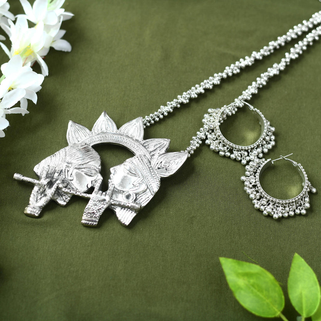 Radha Kishan long necklace featuring oxidised silver-plated brass finish