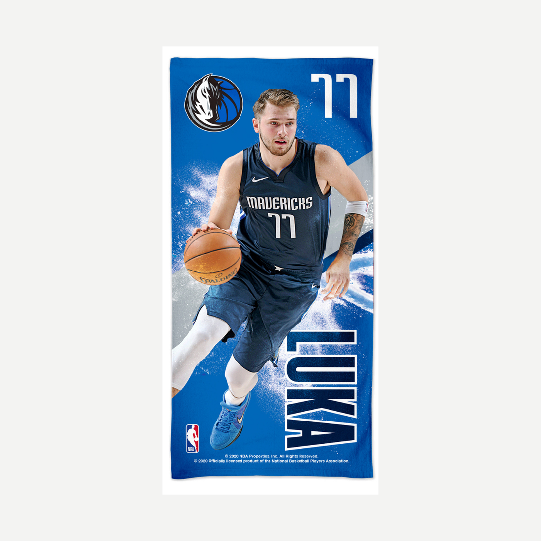 Luka Doncic Dallas Mavericks velour beach towel with basketball player graphics.