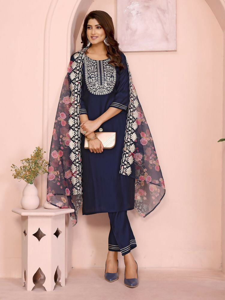 Women Navy Blue Roman Embroidery Stitched Kurta Set