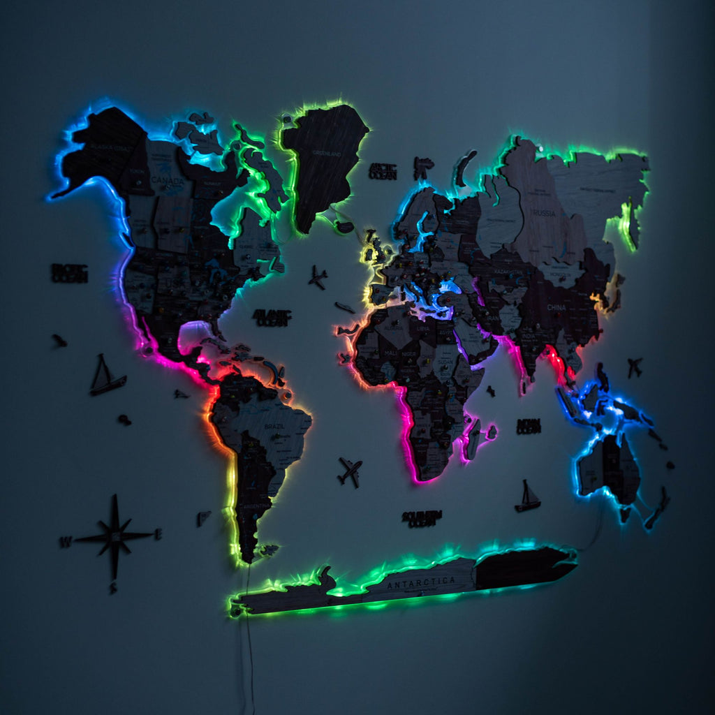 3D Luminous LED Wooden World Map 2.0 Cappuccino Wall Art
