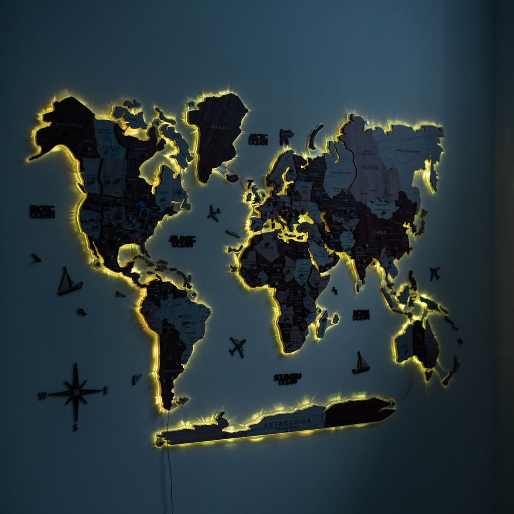 3D Luminous LED Wooden World Map 2.0 Cappuccino Wall Art