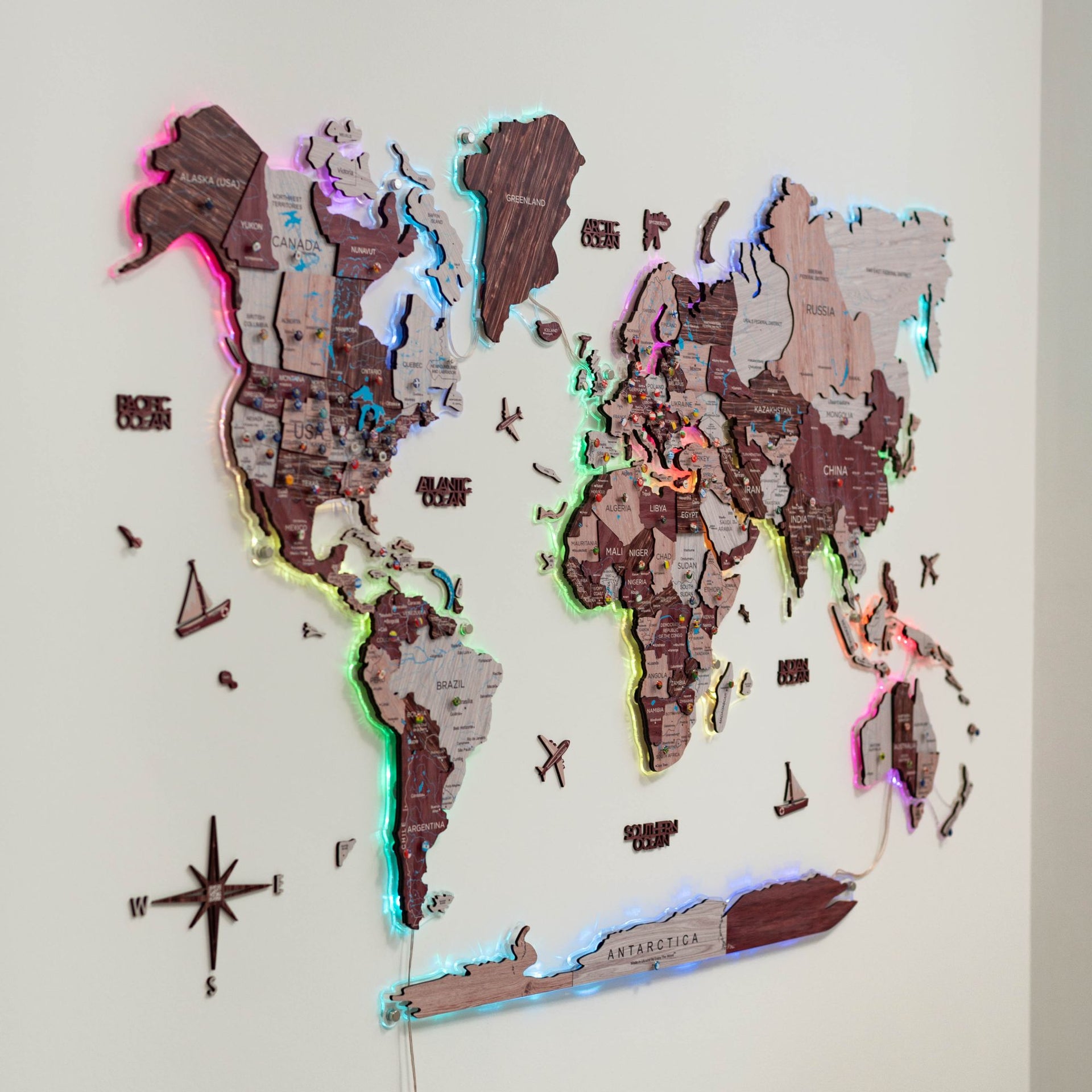 3D Luminous LED Wooden World Map 2.0 Cappuccino Wall Art