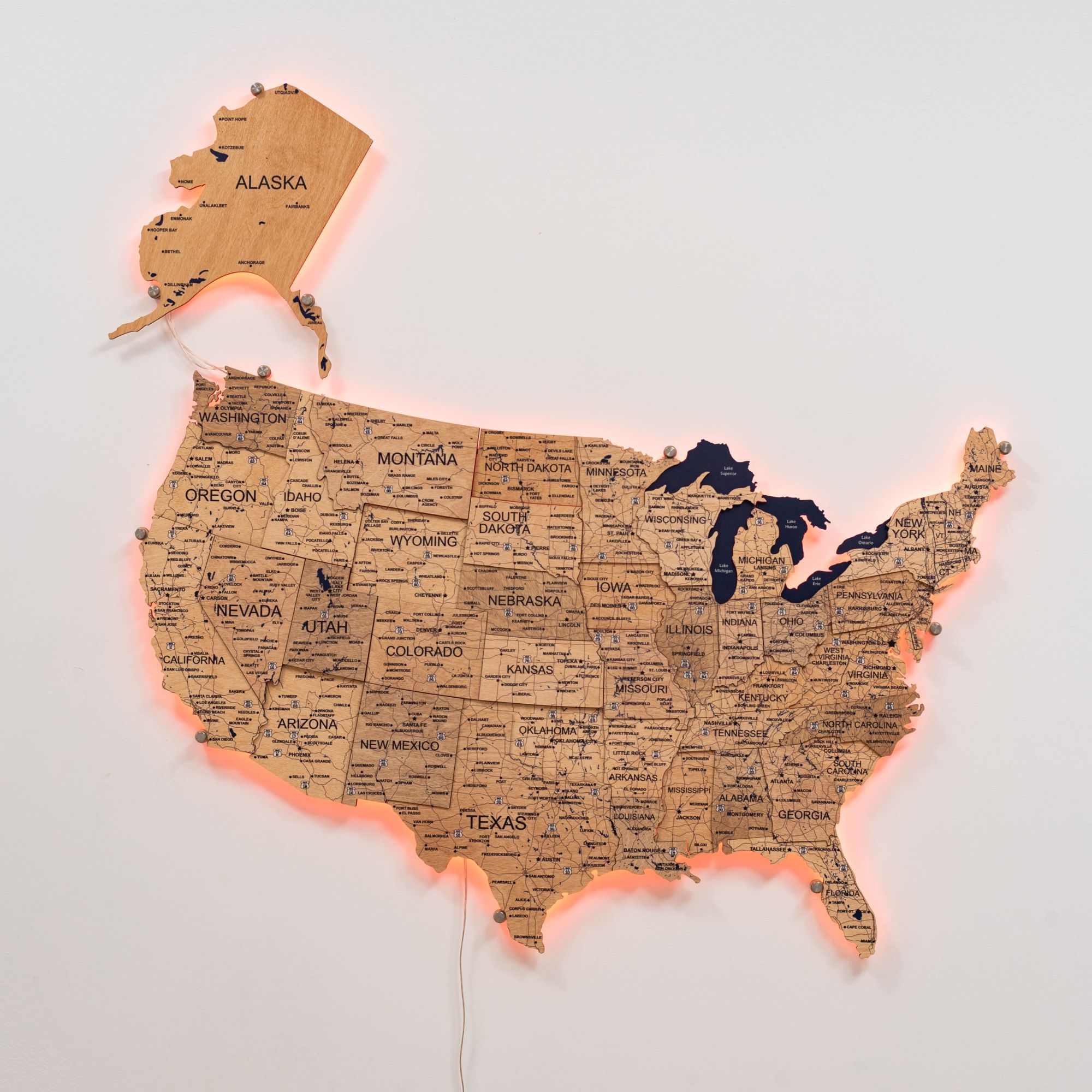 3D LED Wooden Map of USA - Gold Edition Wall Art Decor