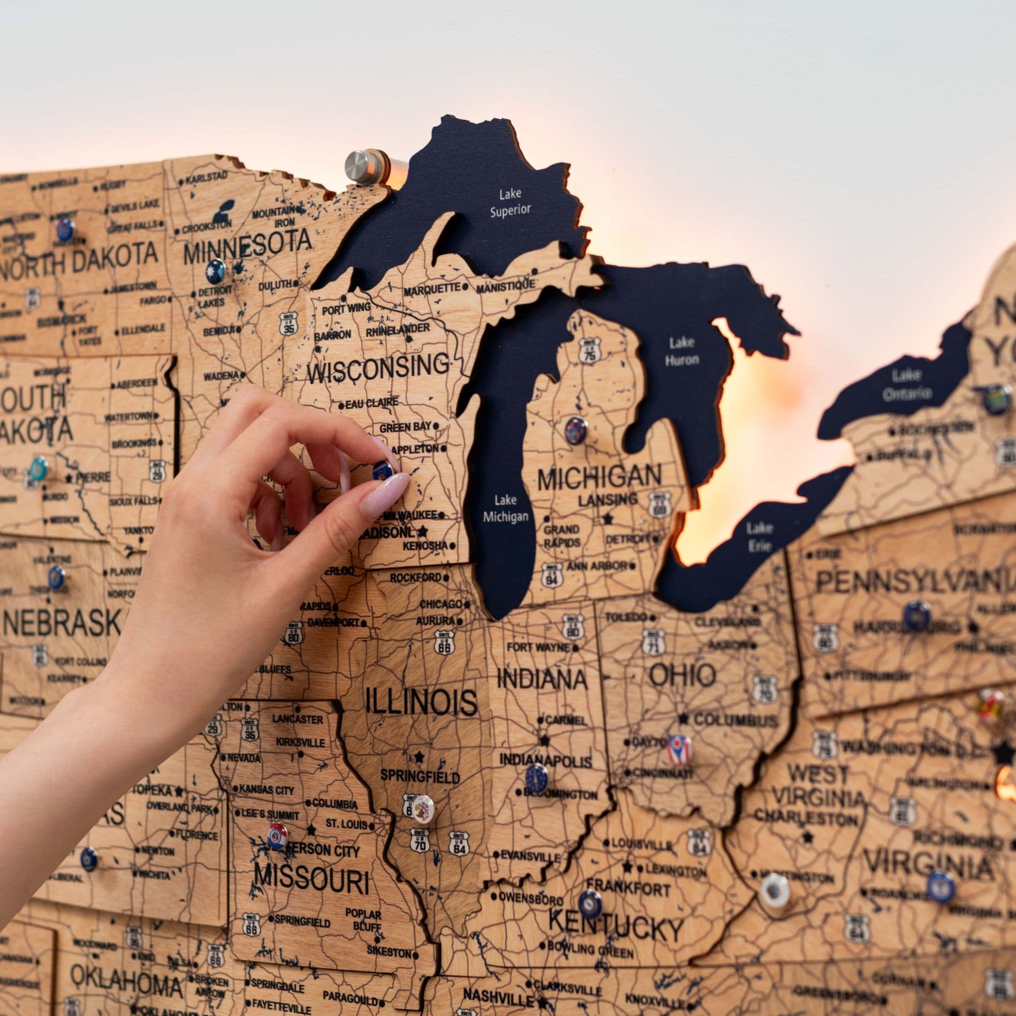 3D LED Wooden Map of USA - Gold Edition Wall Art Decor
