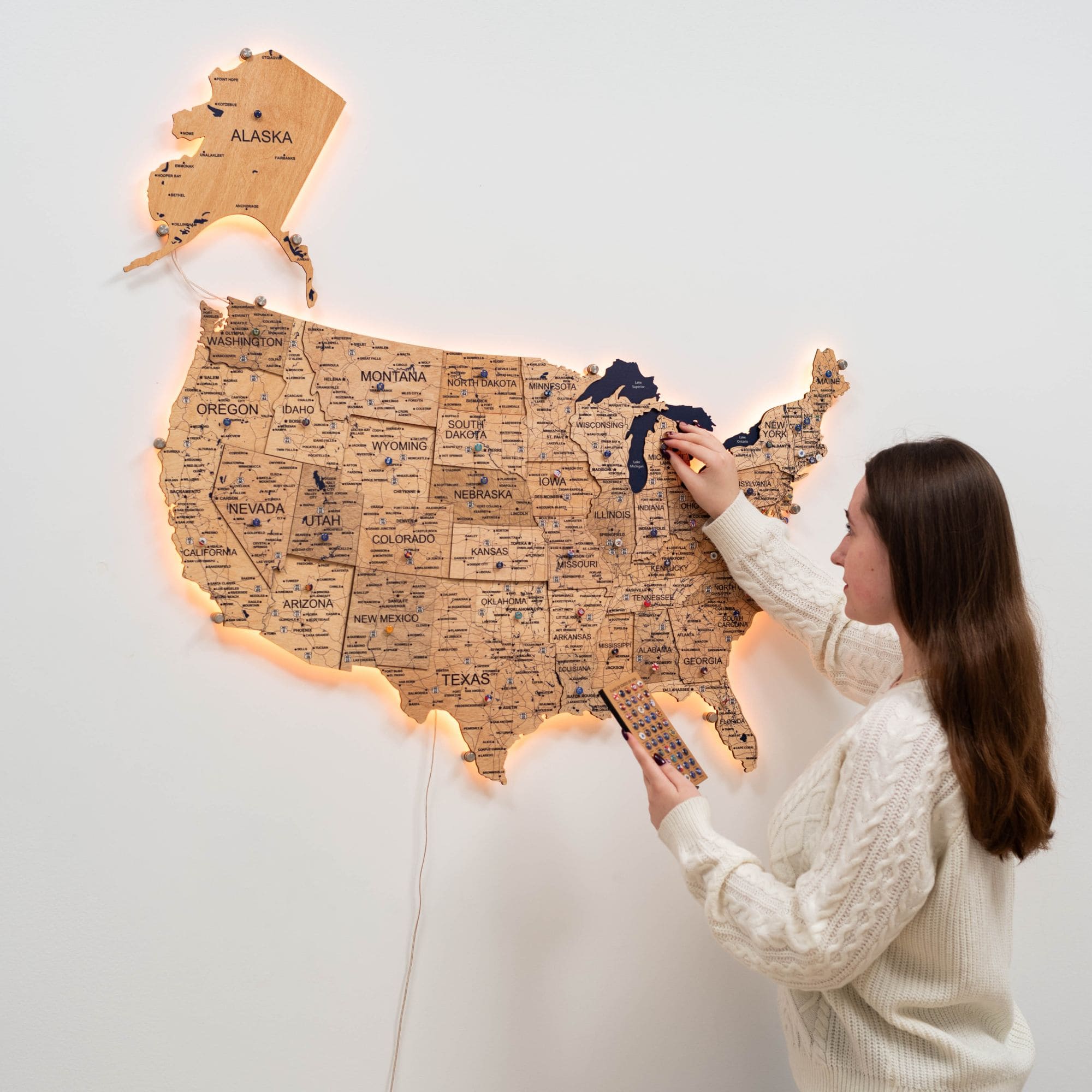 3D LED Wooden Map of USA - Gold Edition Wall Art Decor
