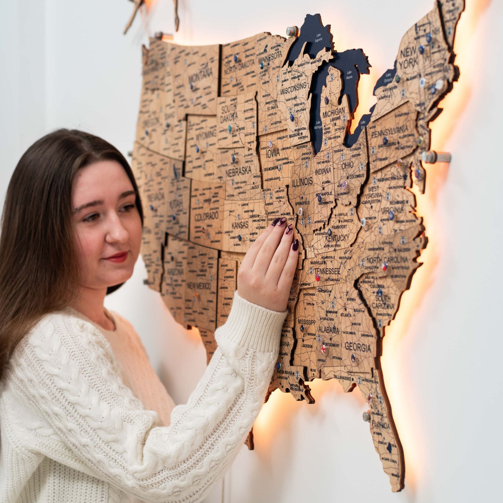 3D LED Wooden Map of USA - Gold Edition Wall Art Decor
