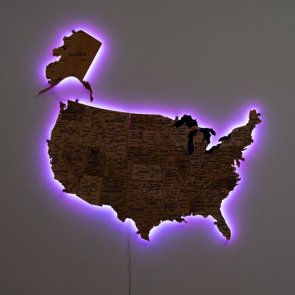 3D LED Wooden Map of USA - Gold Edition Wall Art Decor