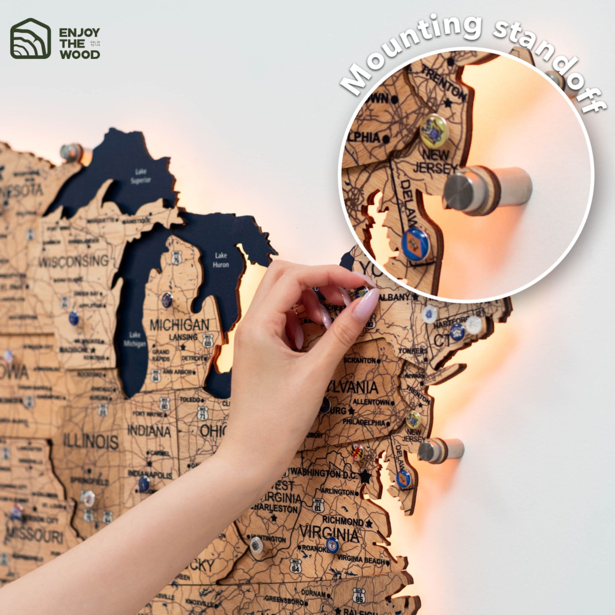 3D LED Wooden Map of USA - Gold Edition Wall Art Decor
