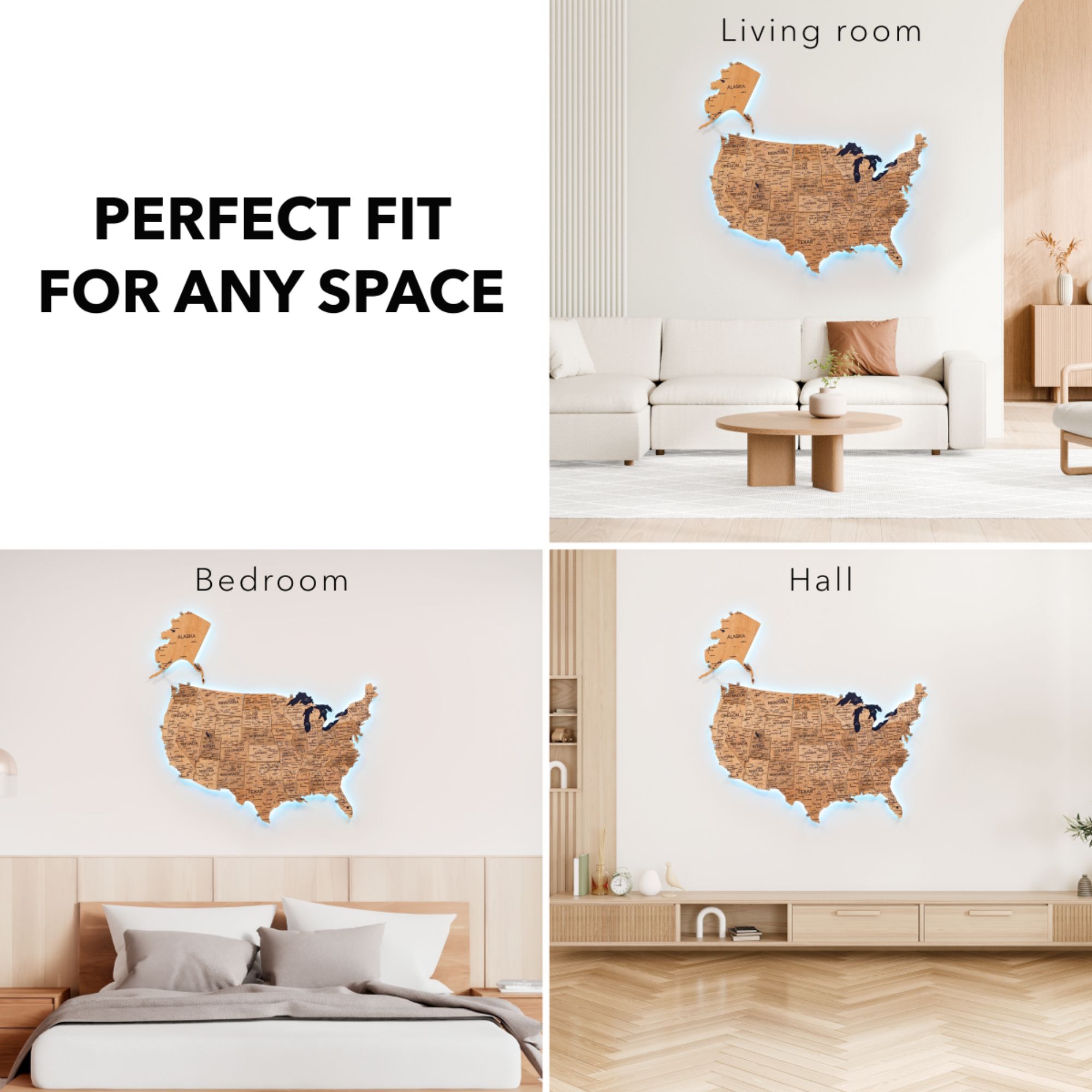 3D LED Wooden Map of USA - Gold Edition Wall Art Decor