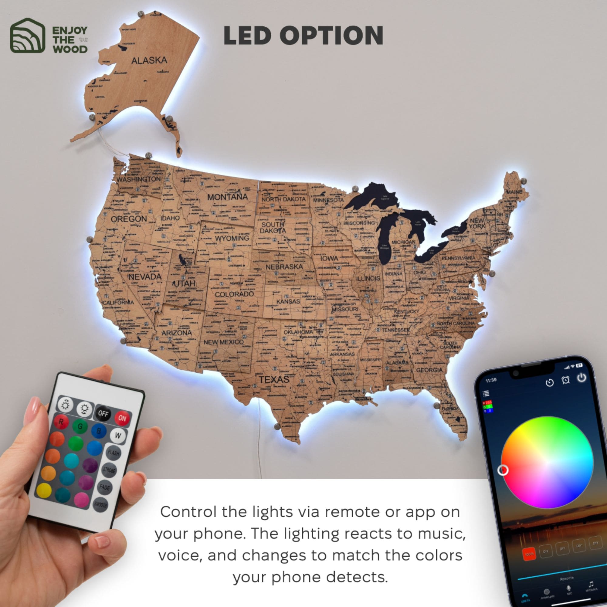 3D LED Wooden Map of USA - Gold Edition Wall Art Decor