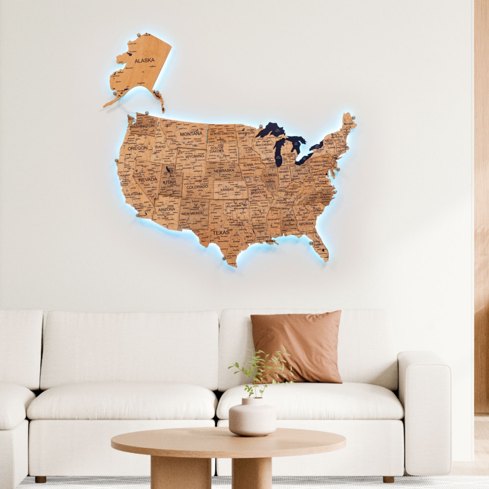 3D LED Wooden Map of USA - Gold Edition Wall Art Decor