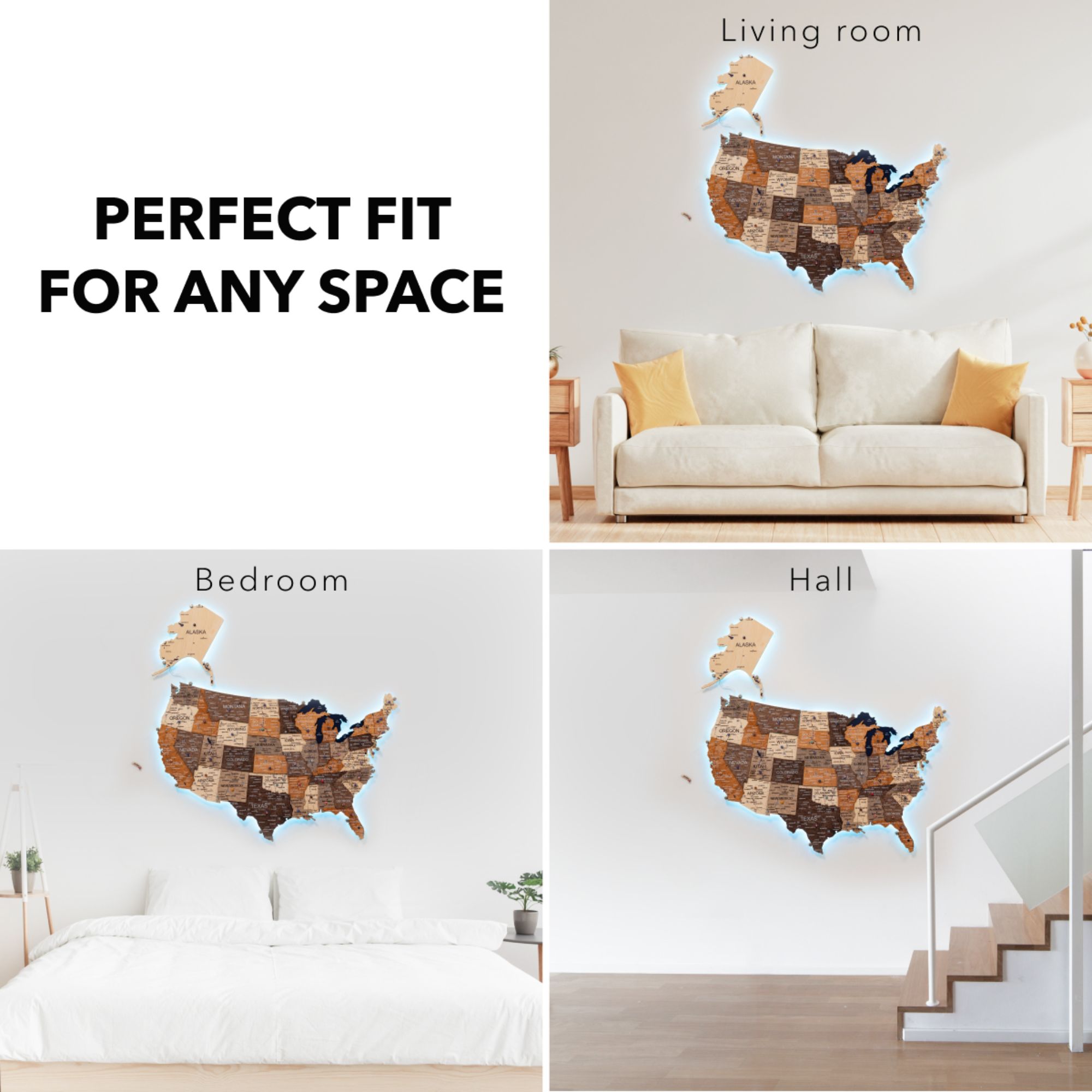 3D LED USA Map Wall Art Multicolor Modern Geometric Wood Decor