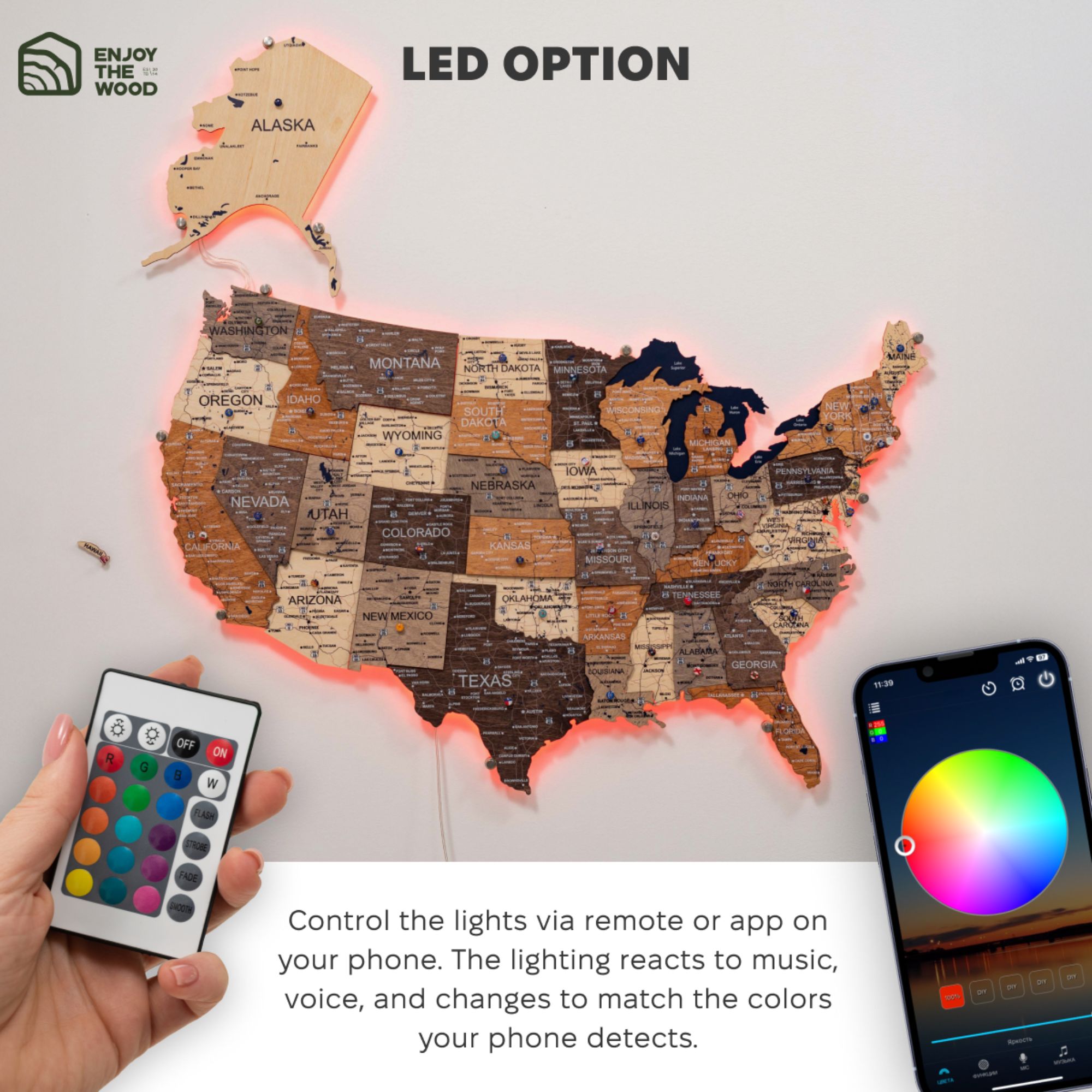 3D LED USA Map Wall Art Multicolor Modern Geometric Wood Decor