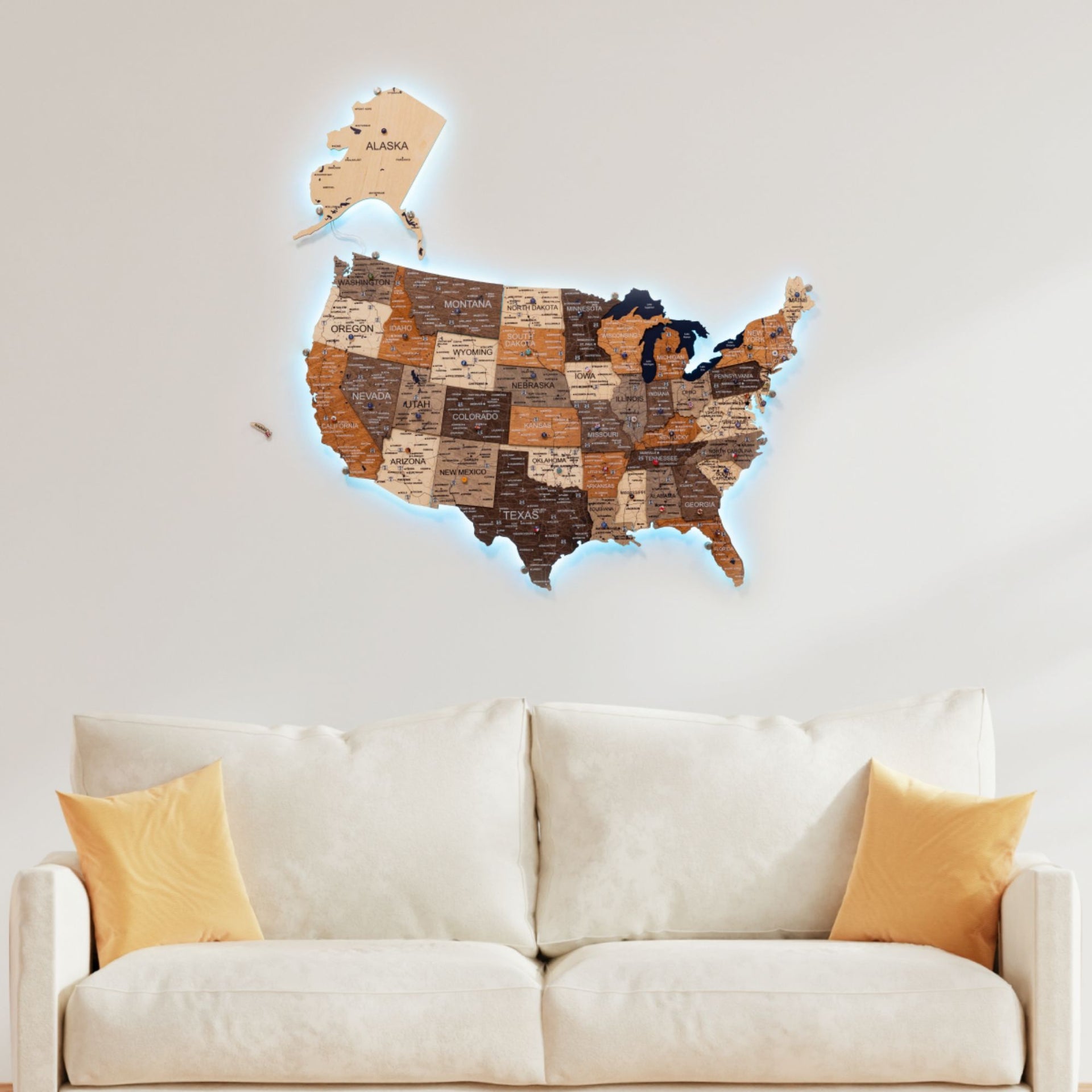 3D LED USA Map Wall Art Multicolor Modern Geometric Wood Decor