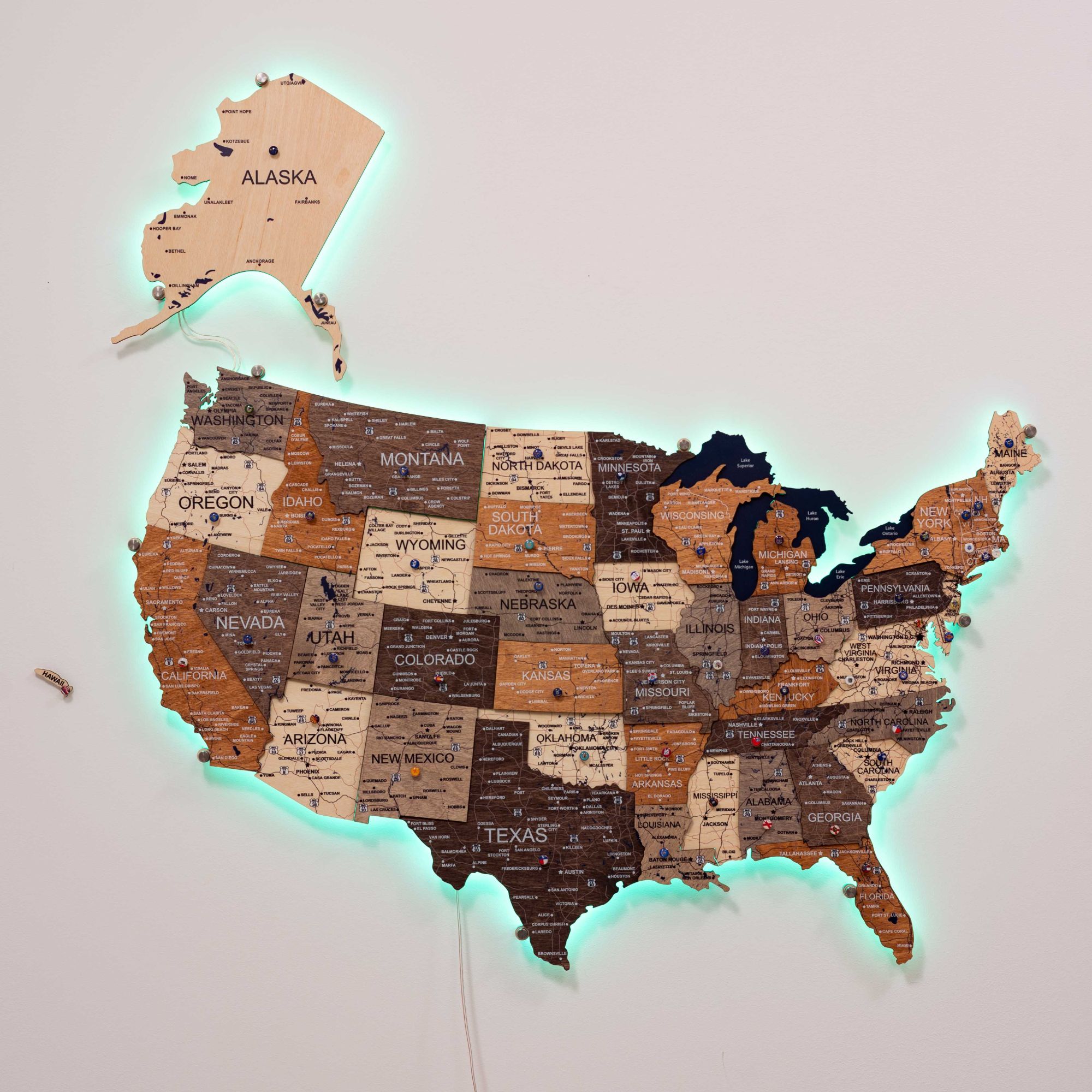 3D LED USA Map Wall Art Multicolor Modern Geometric Wood Decor