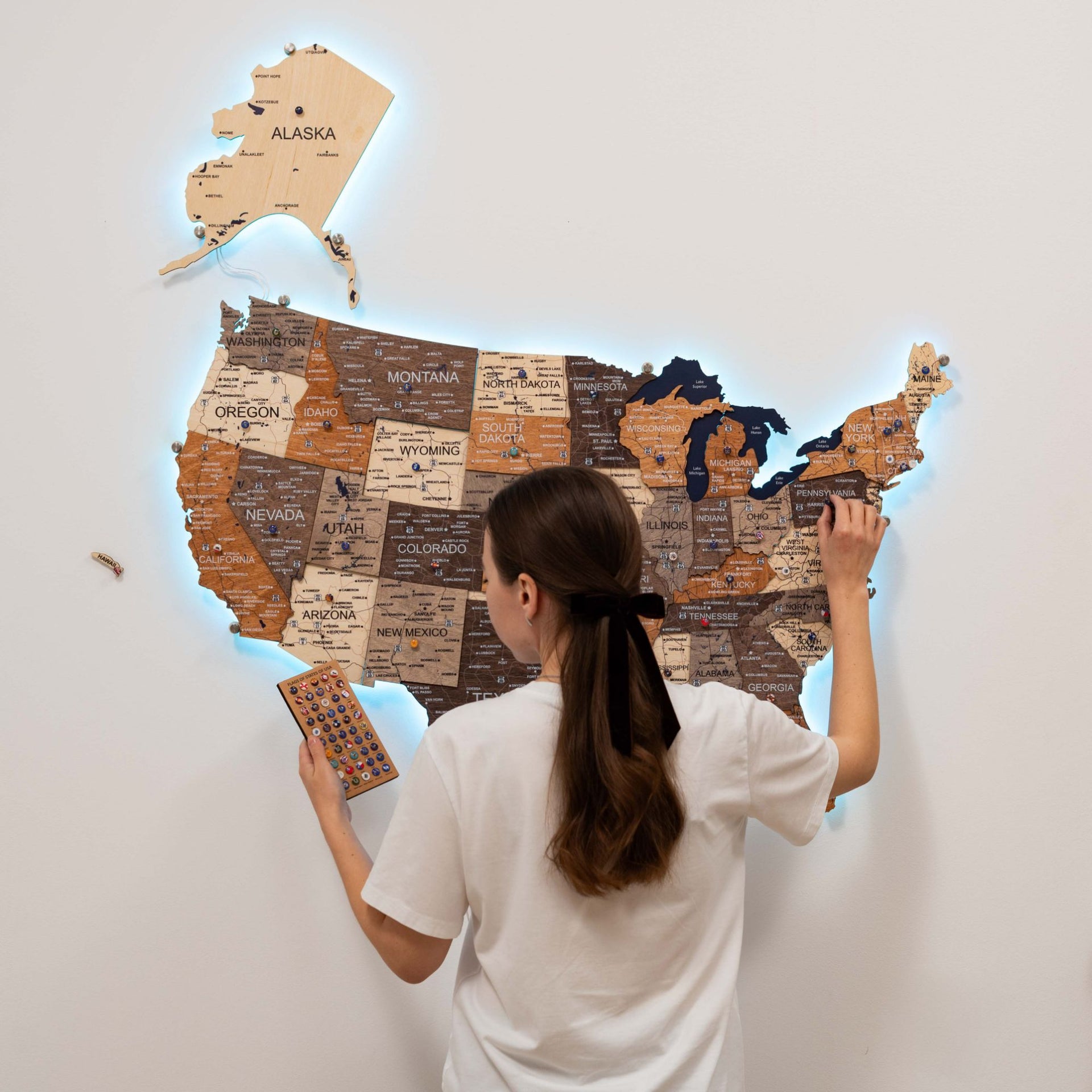 3D LED USA Map Wall Art Multicolor Modern Geometric Wood Decor