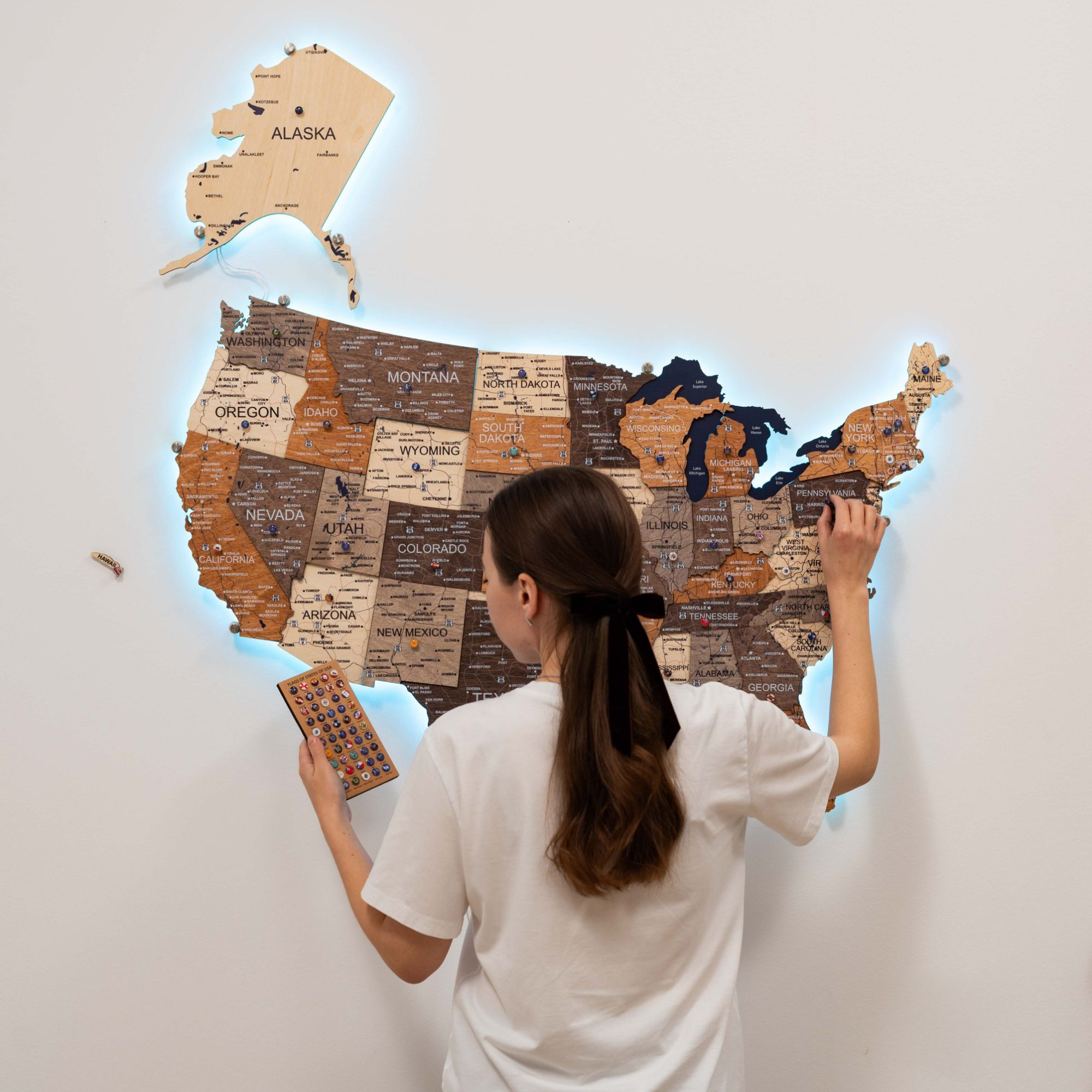 3D LED USA Map Wall Art Multicolor Modern Geometric Wood Decor