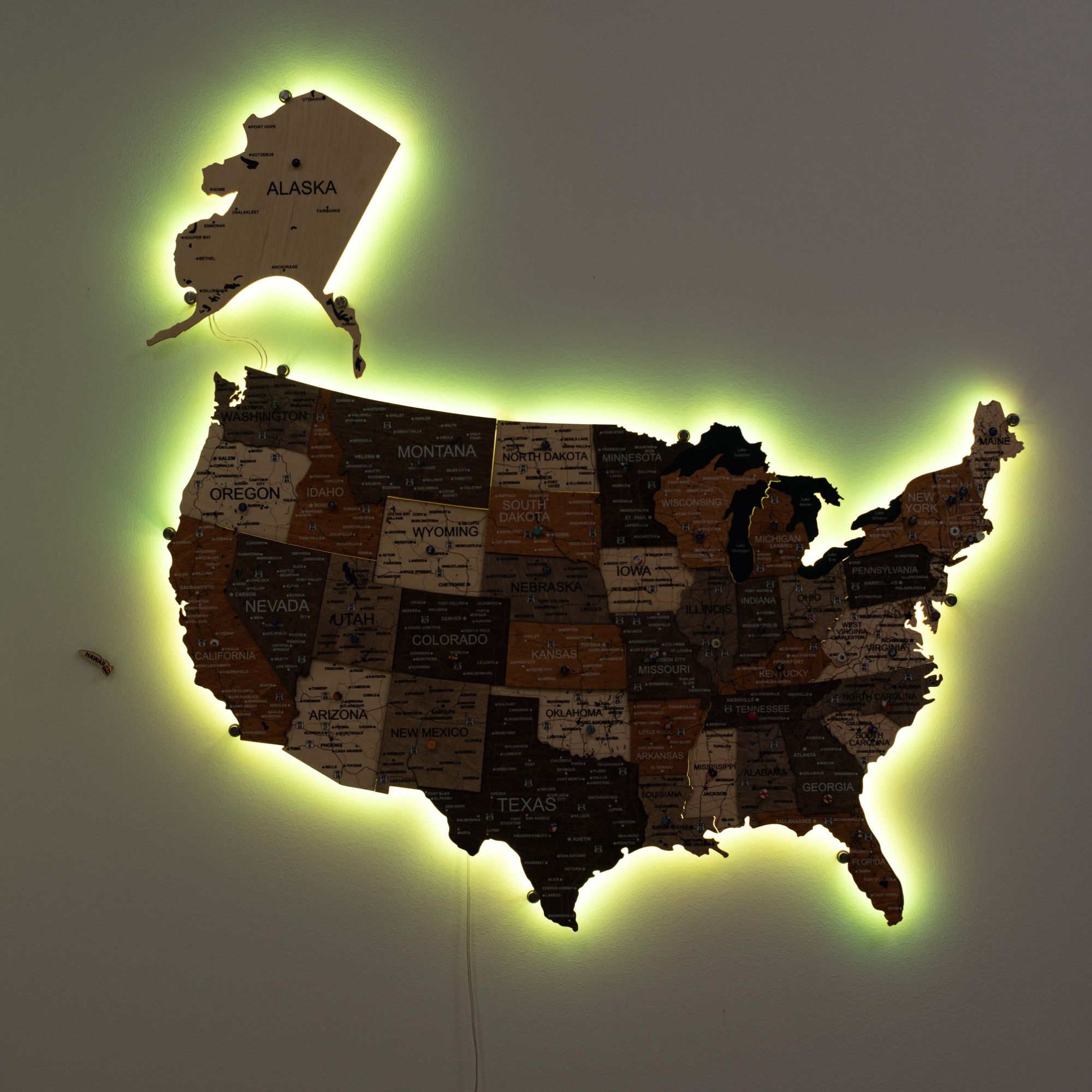 3D LED USA Map Wall Art Multicolor Modern Geometric Wood Decor