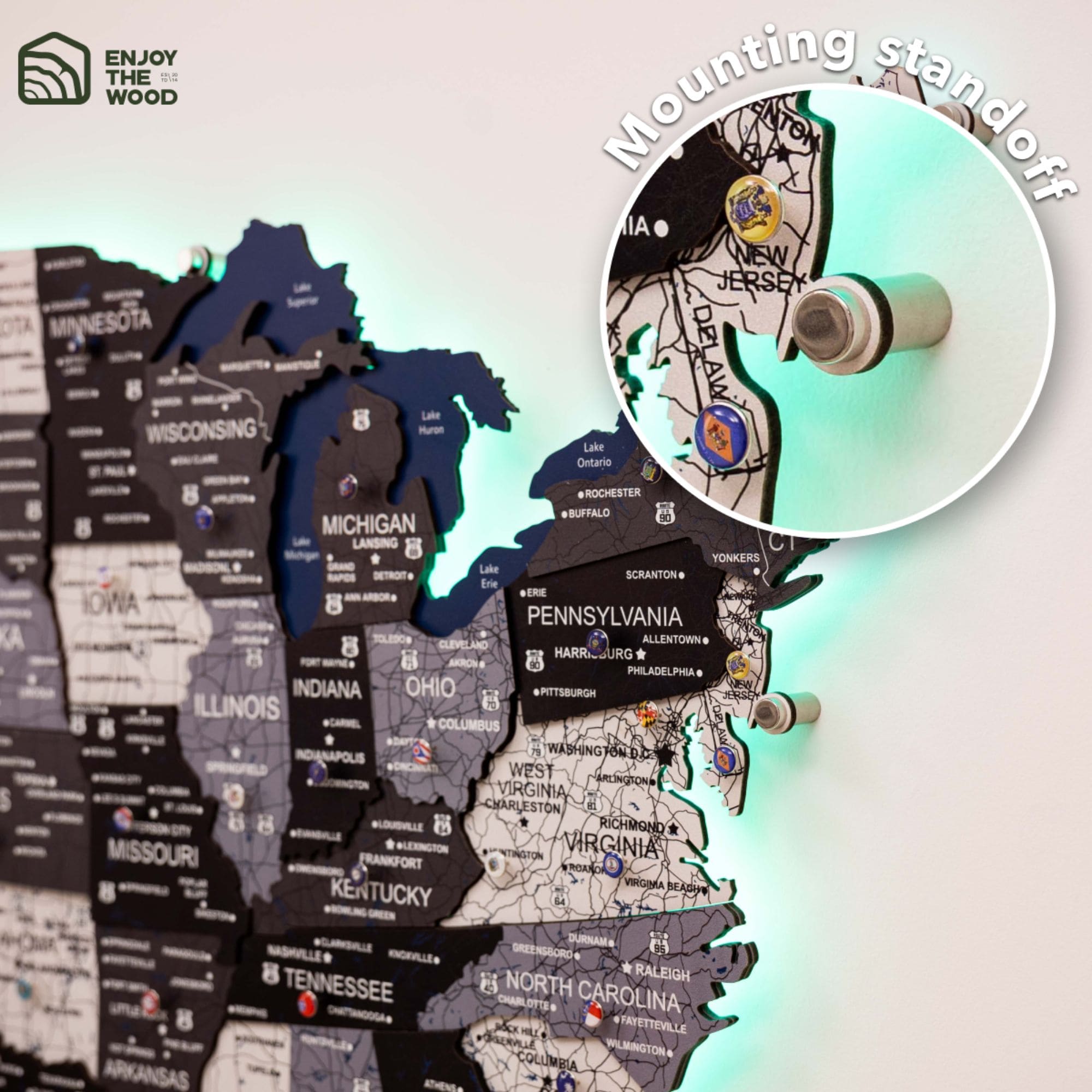 Wooden 3D LED Map of USA - Nordik Edition Wall Art