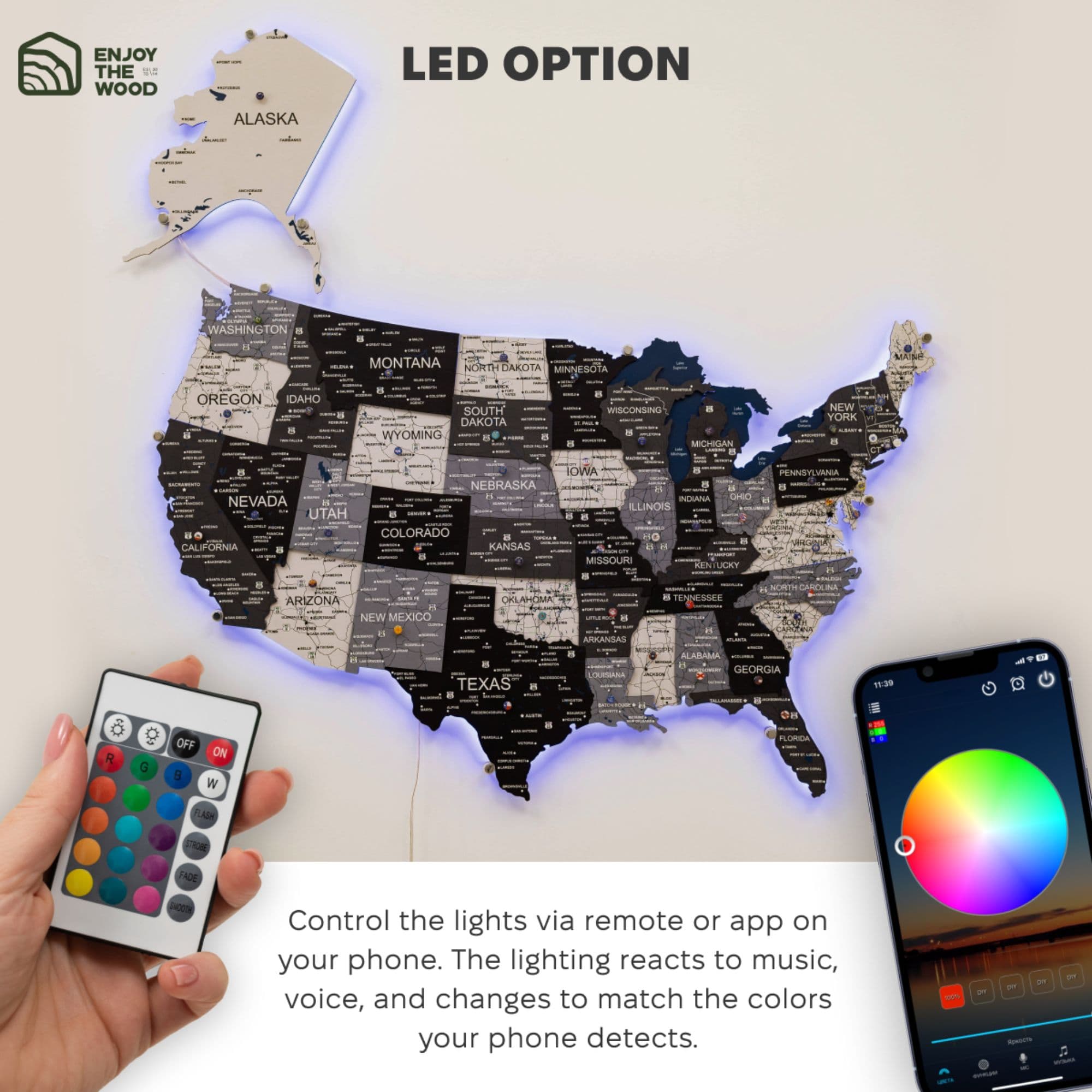 Wooden 3D LED Map of USA - Nordik Edition Wall Art
