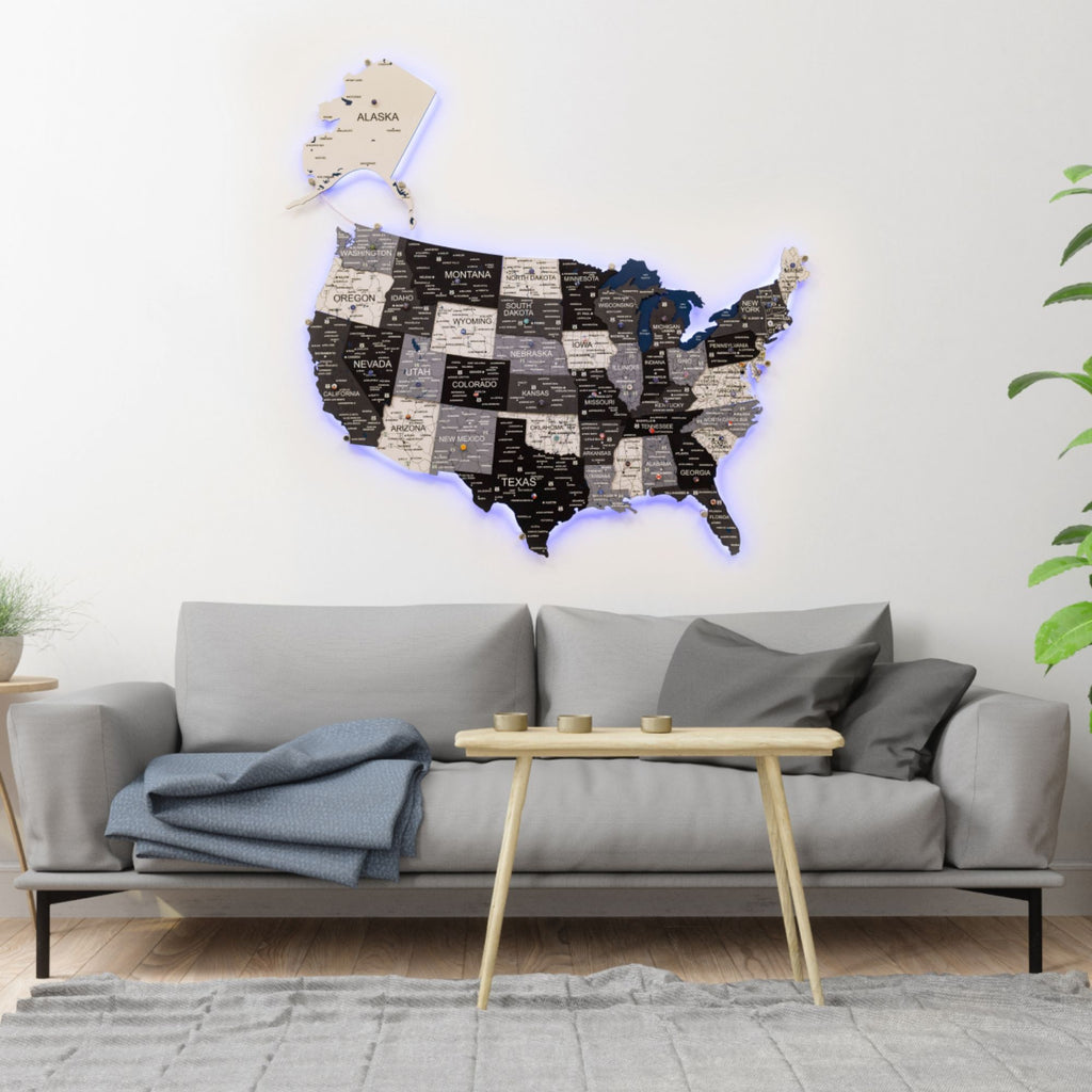 Wooden 3D LED Map of USA - Nordik Edition Wall Art