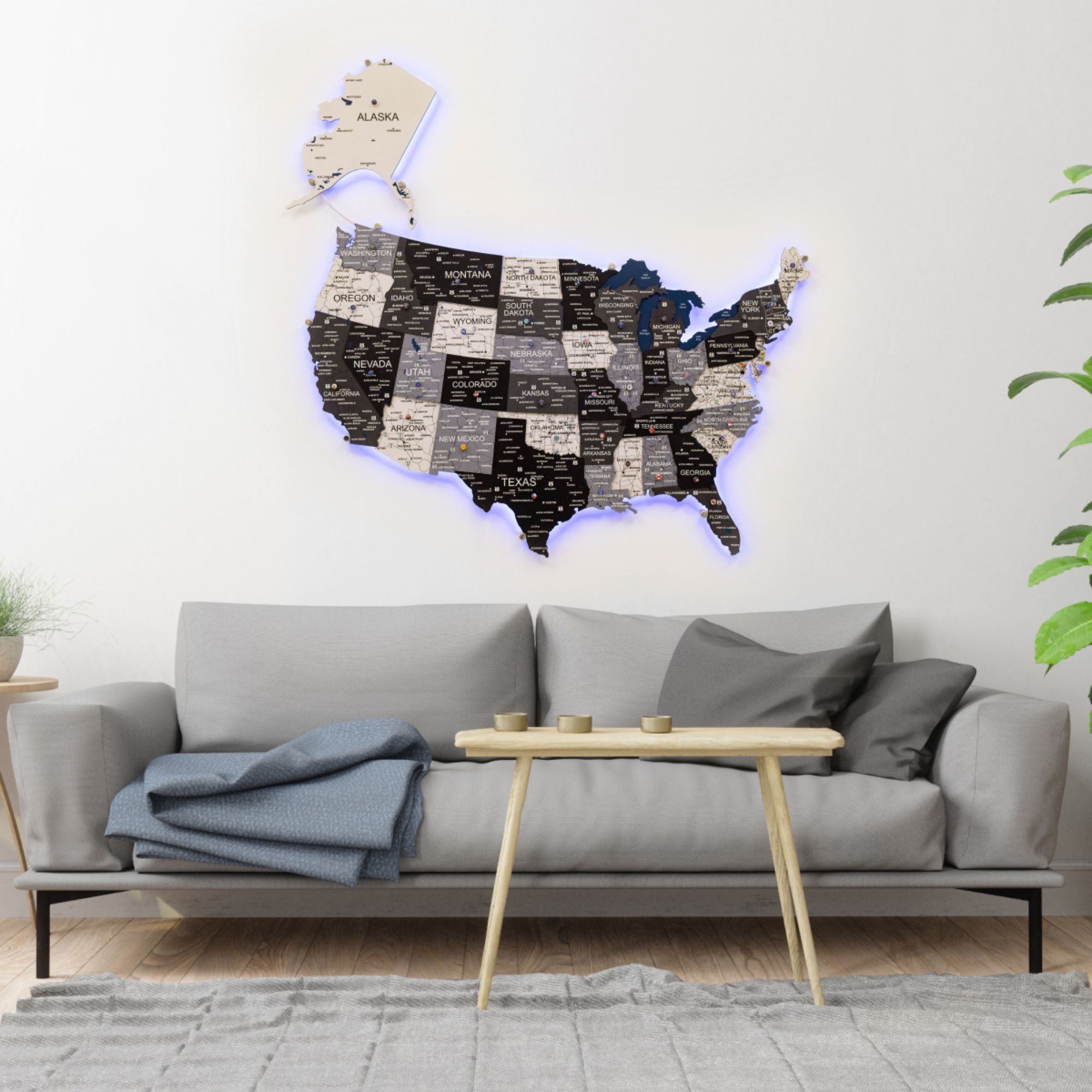Wooden 3D LED Map of USA - Nordik Edition Wall Art